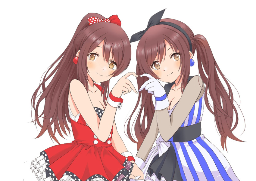 2girls absurdres black_hairband blue_dress blue_footwear bow brown_hair cherry commentary_request dress earrings food frilled_dress frills fruit gloves hair_bow hairband high_heels high_ponytail highres ice ice_cube idolmaster idolmaster_shiny_colors jewelry lime_slice long_hair looking_at_viewer miniskirt multiple_girls oosaki_amana oosaki_tenka orange orange_slice red_bow red_dress red_footwear red_nails short_dress siblings sisters skirt sleeveless sleeveless_dress twins twintails white_gloves wrist_cuffs yellow_eyes yukipo_p