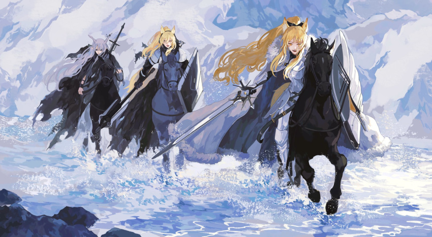 3girls animal_ears arknights arm_shield armor armored_boots black_gloves blemishine_(arknights) blonde_hair boots cape cat_ears day dress fur-trimmed_cape fur_trim gauntlets gloves grey_hair highres holding holding_sword holding_weapon horse horseback_riding long_hair looking_at_viewer multiple_girls nearl_(arknights) plate_armor ponytail reins riding river saddle shield shining_(arknights) silver_hair sword torn_clothes torn_dress wading water weapon white_cape ye_(ran_chiiipye)