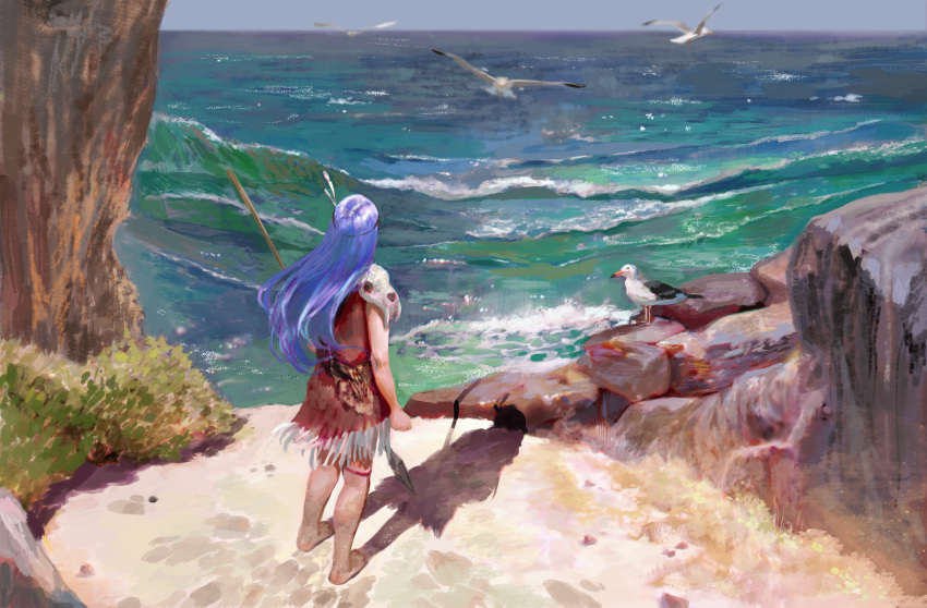 1girl absurdres barefoot bird blue_hair brown_dress clenched_hand dirty dirty_feet dress english_commentary feather_hair_ornament feathers from_behind hair_ornament highres holding holding_polearm holding_weapon kang_suki neolithic_girl ocean polearm prehistoric sand seagull skull solo solo_focus spear standing vijoux weapon