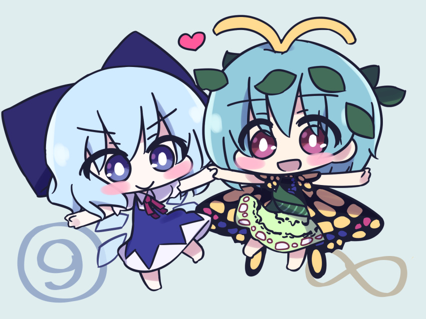 2girls :d antennae aqua_hair barefoot blue_background blue_bow blue_dress blue_eyes blue_hair blush_stickers bow butterfly_wings chibi cirno collared_shirt dress eternity_larva eyebrows_visible_through_hair fairy full_body green_dress hair_between_eyes hair_bow heart highres leaf leaf_on_head multicolored_clothes multicolored_dress multiple_girls outstretched_arms puffy_short_sleeves puffy_sleeves shin16 shirt short_hair short_sleeves simple_background single_strap smile spread_arms touhou violet_eyes white_shirt wings