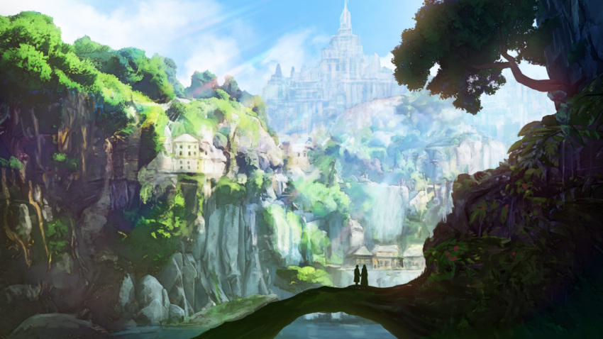 2others ambiguous_gender building castle cliff commentary_request fantasy holding_hands light_rays multiple_others original outdoors reason_(mark-of-the-unicorn) river roots scenery silhouette standing sunbeam sunlight tree village