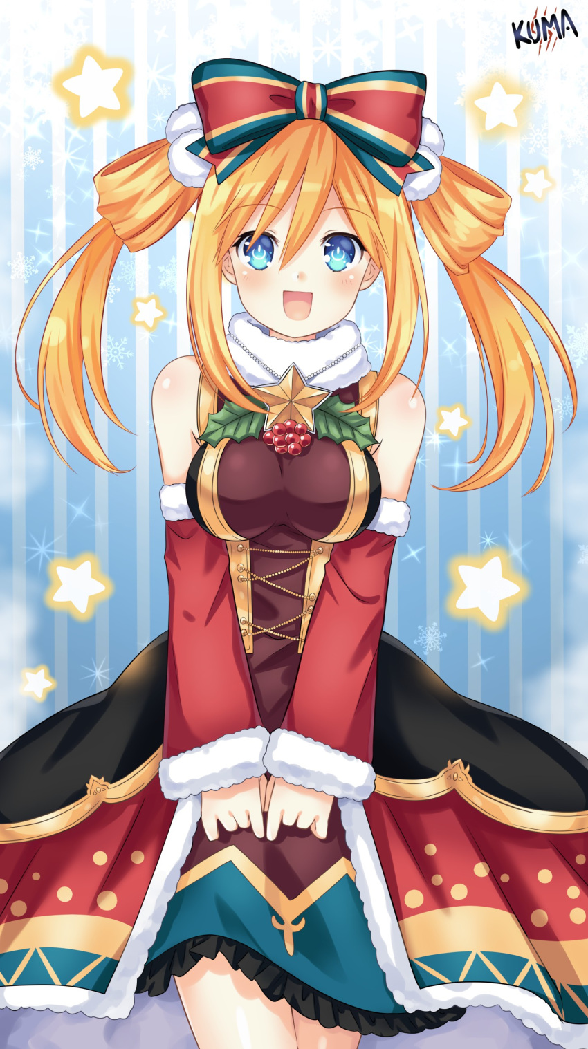 1girl :d absurdres bare_shoulders blue_eyes blush bow breasts christmas christmas_dress corset detached_sleeves dress frilled_dress frills fur-trimmed_dress fur-trimmed_sleeves fur_trim hair_between_eyes hair_bow hair_rings happy highres layered_dress lewdkuma long_hair medium_breasts mega_miracle_force merry_christmas neptune_(series) official_alternate_costume orange_hair orange_heart own_hands_together pom_pom_(clothes) power_symbol shin_jigen_game_neptune_vii smile solo starry_background symbol-shaped_pupils tennouboshi_uzume twintails