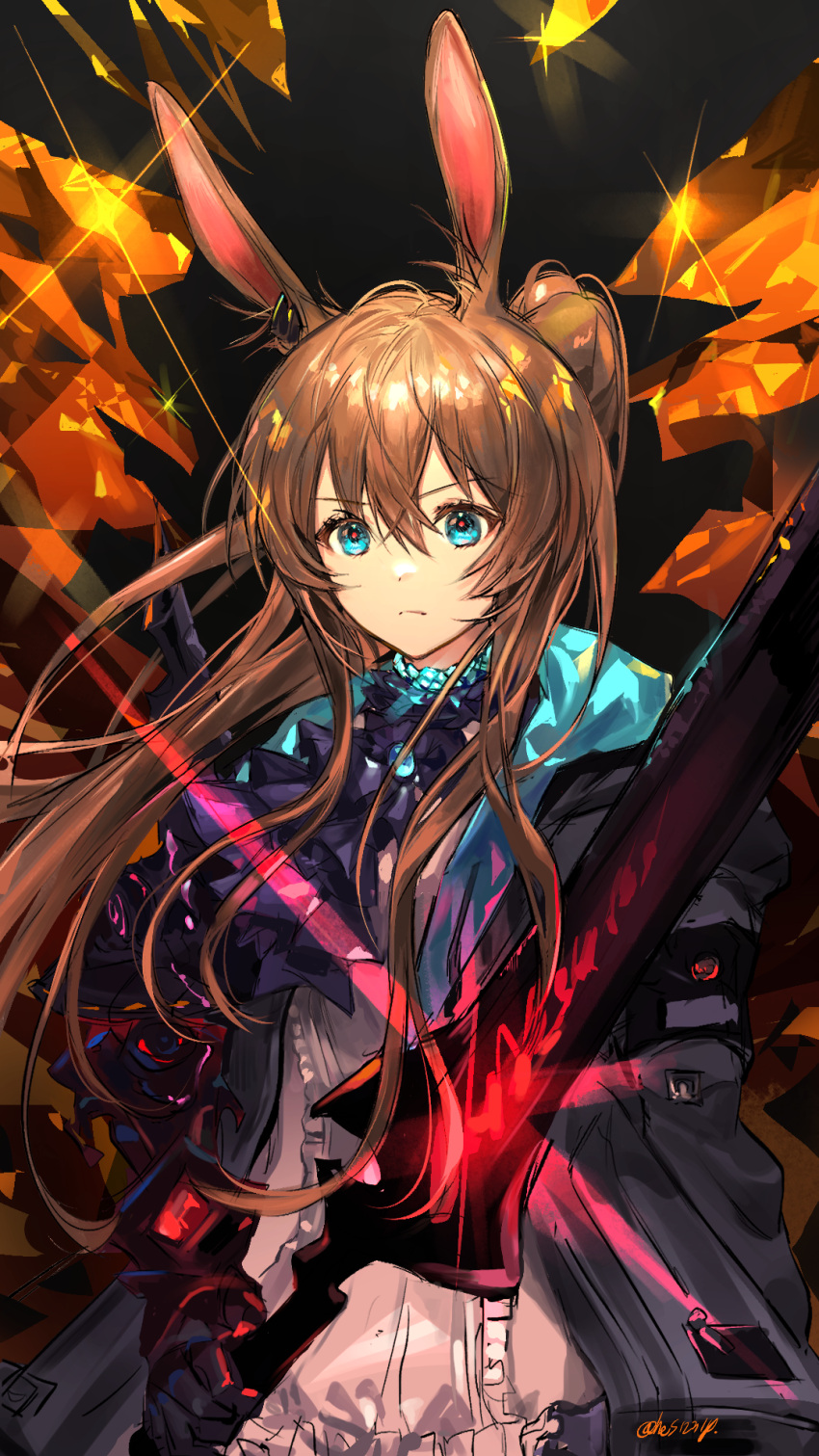 1girl amiya_(arknights) animal_ears arknights ascot bangs black_coat black_gloves blue_eyes brown_hair closed_mouth coat cowboy_shot frilled_shirt frills gloves hair_between_eyes highres holding holding_sword holding_weapon long_hair long_sleeves looking_at_viewer open_clothes open_coat ponytail purple_ascot rabbit_ears serious shirt sidelocks signature solo sparkle sword twice12314 v-shaped_eyebrows weapon white_shirt