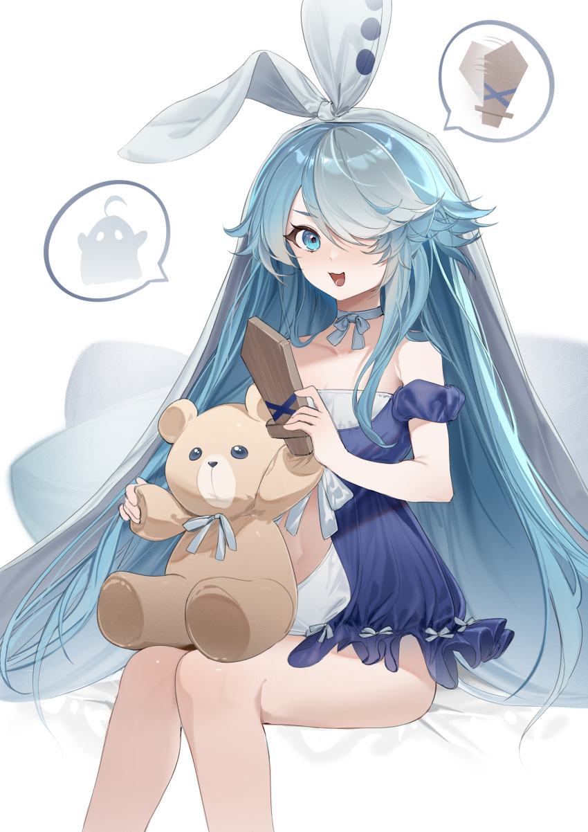 1girl absurdres azur_lane bare_arms bare_legs blanket blue_eyes blue_hair blue_ribbon bow breasts choker clothing_cutout collarbone commentary eyebrows_visible_through_hair hair_bow hair_over_one_eye highres holding holding_stuffed_toy knees_together_feet_apart lingerie long_hair looking_at_viewer maille-breze_(azur_lane) maille-breze_(the_noble_knight's_last_stand)_(azur_lane) multicolored_hair navel navel_cutout negligee off_shoulder open_mouth pajamas ribbon ribbon_choker shibuya_(kurokamishain) sitting small_breasts smile solo speech_bubble streaked_hair stuffed_animal stuffed_toy sword teddy_bear underwear very_long_hair weapon white_bow wooden_sword