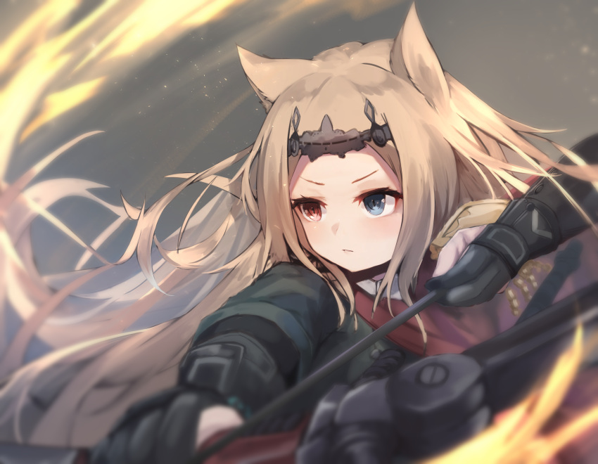 1girl absurdres animal_ears aoinu_(aoinu_99) archetto_(arknights) arknights black_gloves blue_eyes bow_(weapon) gloves heterochromia highres holding holding_bow_(weapon) holding_weapon light_brown_hair long_hair red_eyes solo tiara weapon