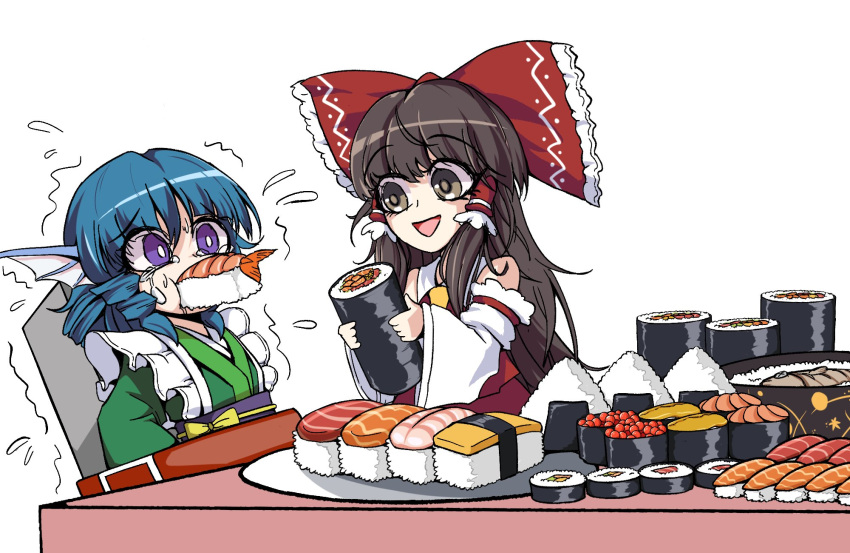 2girls ascot bangs bare_shoulders bdsm blue_hair bondage bound bow brown_eyes brown_hair crying crying_with_eyes_open detached_sleeves drill_locks eating feeding fish food frilled_kimono frills green_kimono hair_bow hair_tubes hakurei_reimu head_fins highres japanese_clothes kimono mermaid monster_girl multiple_girls onigiri open_mouth red_vest rice sidelocks simple_background sitting sushi sweat tears touhou vest violet_eyes wakasagihime white_sleeves yellow_ascot