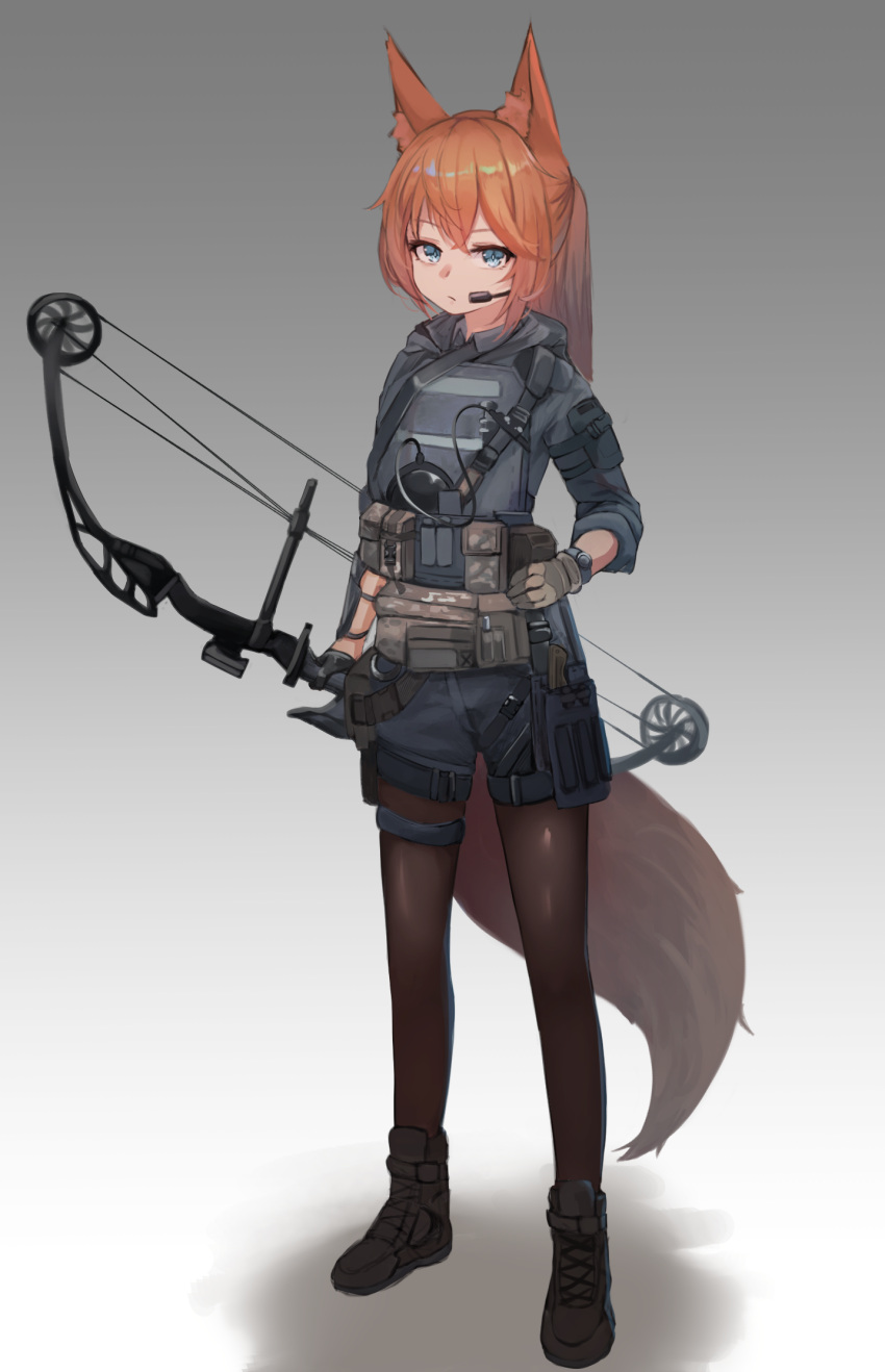 1girl animal_ear_fluff animal_ears aoinu_(aoinu_99) bangs black_legwear black_shorts blue_eyes bow_(weapon) brown_hair fox_ears fox_girl fox_tail full_body gradient gradient_background hair_between_eyes headset highres holding holding_bow_(weapon) holding_weapon looking_at_viewer medium_hair military original short_shorts shorts simple_background solo tail tool_belt weapon