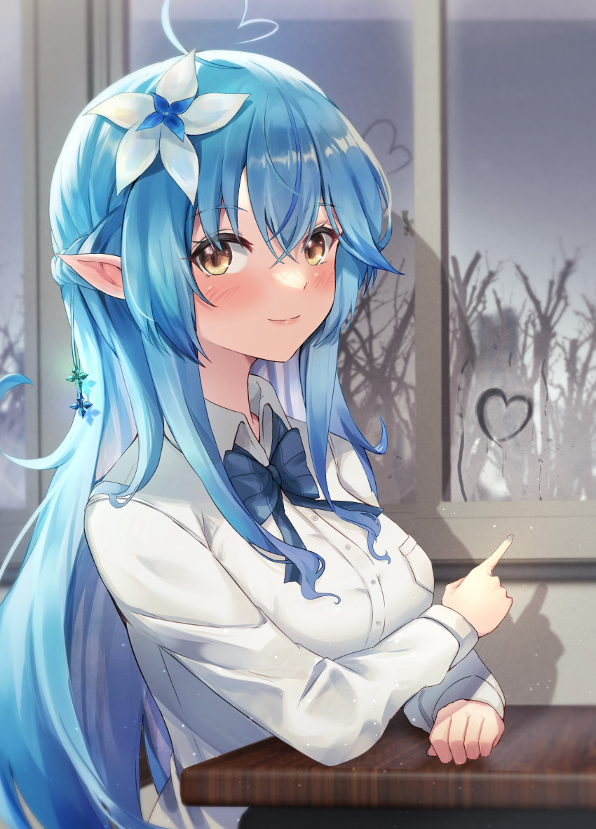 1girl absurdres ahoge anemone_noa bangs blue_bow blue_bowtie blue_hair blush bow bowtie breasts closed_mouth collared_shirt commentary_request elf eyebrows_visible_through_hair flower glass_writing hair_between_eyes hair_flower hair_ornament heart heart_ahoge highres hololive large_breasts long_hair long_sleeves looking_at_viewer pointy_ears shirt sideways_glance smile solo upper_body virtual_youtuber white_flower white_shirt yellow_eyes yukihana_lamy
