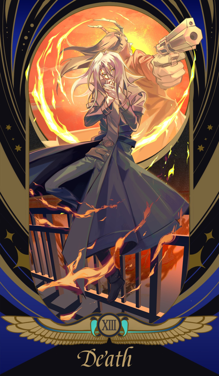 1boy absurdres aiming_at_viewer border character_request check_character coat death_(tarot) duel_monster english_text full_body gun highres holding holding_gun holding_weapon infernity_archfiend kiryuu_kyousuke long_hair male_focus open_clothes open_coat roman_numeral solo_focus ssbaby tarot weapon yu-gi-oh! yu-gi-oh!_5d's