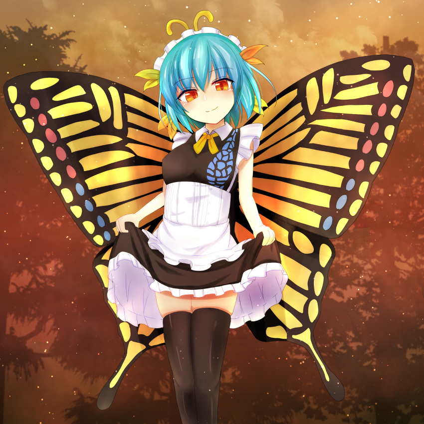 1girl adapted_costume alternate_costume antennae apron aqua_hair black_dress black_legwear blush butterfly_wings closed_mouth clothes_lift dress dress_lift enmaided eternity_larva eyebrows_visible_through_hair fairy feet_out_of_frame frilled_dress frills hair_between_eyes highres jemen leaf leaf_on_head lifted_by_self maid maid_apron maid_headdress orange_eyes short_hair smile solo thigh-highs touhou white_apron wings
