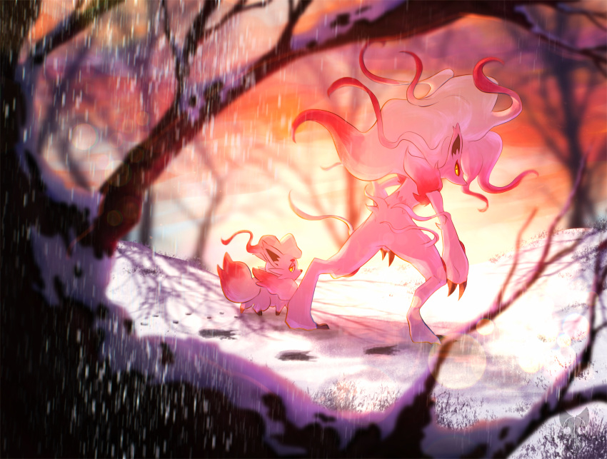 absurdres bare_tree claws commentary english_commentary evolutionary_line from_side highres hisuian_zoroark hisuian_zorua lens_flare outdoors pokemon pokemon_(creature) snow snowing standing tenebscuro tree yellow_eyes