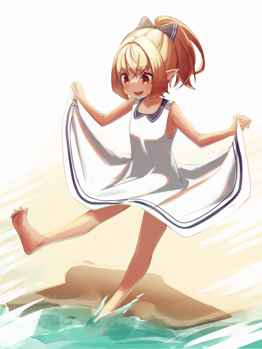 1girl :d bare_shoulders barefoot blonde_hair bob-the-bison bow dark-skinned_female dark_skin dress elf hair_bow high_ponytail highres hololive long_hair looking_down multicolored_hair open_mouth pointy_ears red_eyes sailor_dress shiranui_flare short_dress skirt_hold sleeveless sleeveless_dress smile solo streaked_hair sundress virtual_youtuber wading white_dress younger