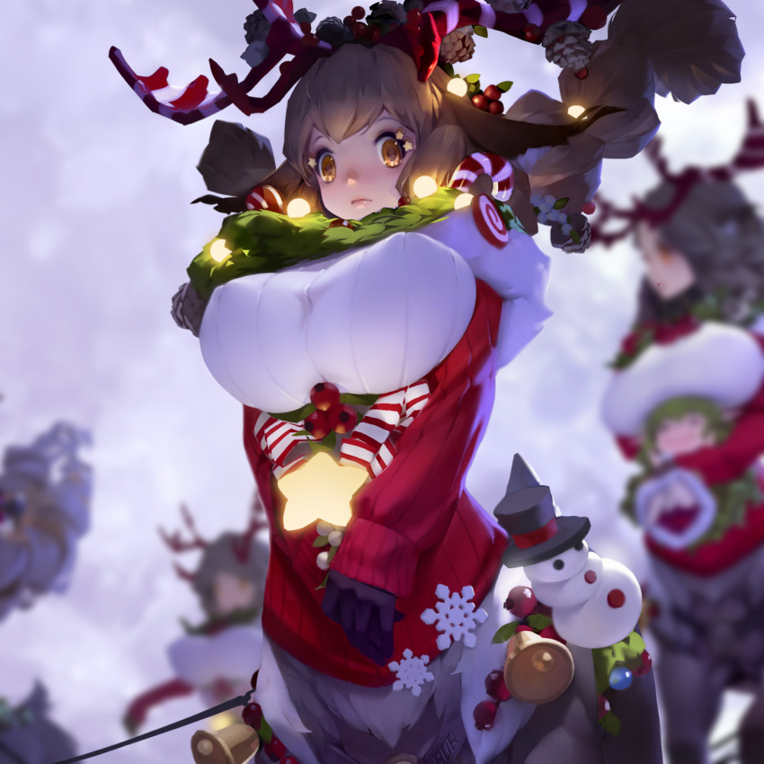 6+girls acorn animal_ears antlers b.bor ball bangs bell black_gloves blunt_bangs blurry blurry_background bottomless braid breasts brown_eyes brown_gloves candy candy_cane centauroid christmas christmas_ornaments christmas_wreath close-up closed_mouth cowboy_shot deer_ears doll floating_hair flying food framed_breasts full_moon gloves green_hair hair_ornament highres horn_ornament horns huge_breasts large_breasts lipgloss long_hair looking_at_viewer moon multiple_girls orange_eyes orb original pulling red_sweater reindeer_girl reins ribbed_sweater santa_costume sleigh snowflakes snowman solo_focus star_(symbol) striped_horns sweater taur twin_braids uniform