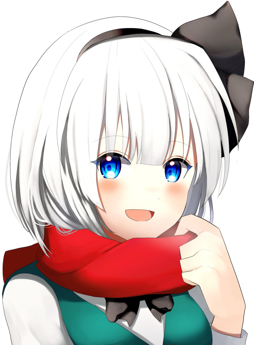 1girl black_bow black_hairband black_neckwear black_ribbon blue_eyes bob_cut bow bowtie breasts collared_shirt green_vest hair_ribbon hairband highres konpaku_youmu looking_at_viewer momo_(momo_o0524) open_mouth red_scarf ribbon scarf shirt short_hair short_sleeves silver_hair simple_background small_breasts smile solo touhou vest white_background white_shirt