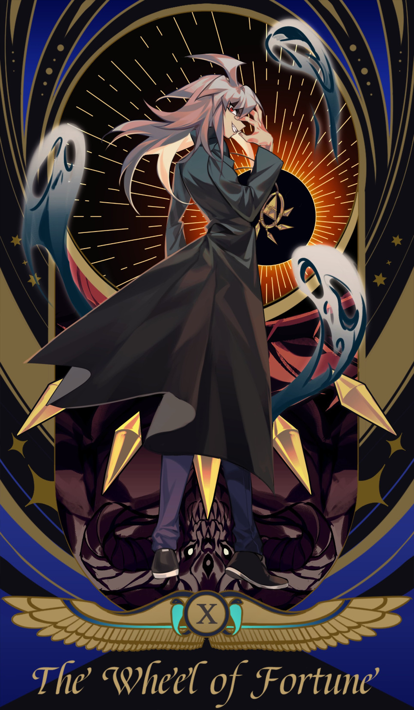1boy absurdres border character_request check_character coat duel_monster english_text evil_smile full_body ghost grey_hair highres long_hair looking_at_viewer male_focus millennium_ring open_clothes open_coat red_eyes roman_numeral smile solo_focus spirit ssbaby tarot wheel_of_fortune_(tarot) yami_bakura yu-gi-oh! zorc_necrophades