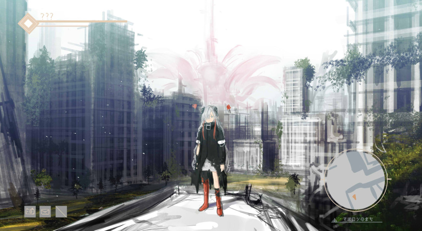 1girl asymmetrical_footwear asymmetrical_legwear asymmetrical_sleeves black_coat boots cityscape coat creature fake_screenshot familiar full_body gloves grey_hair hair_ornament hair_over_one_eye heads-up_display health_bar highres isekai_joucho isshiki_(ffmania7) kamitsubaki_studio long_hair minimap multicolored_hair redhead shorts single_glove sketch solo symbol-only_commentary two-tone_hair uneven_sleeves very_long_hair virtual_youtuber