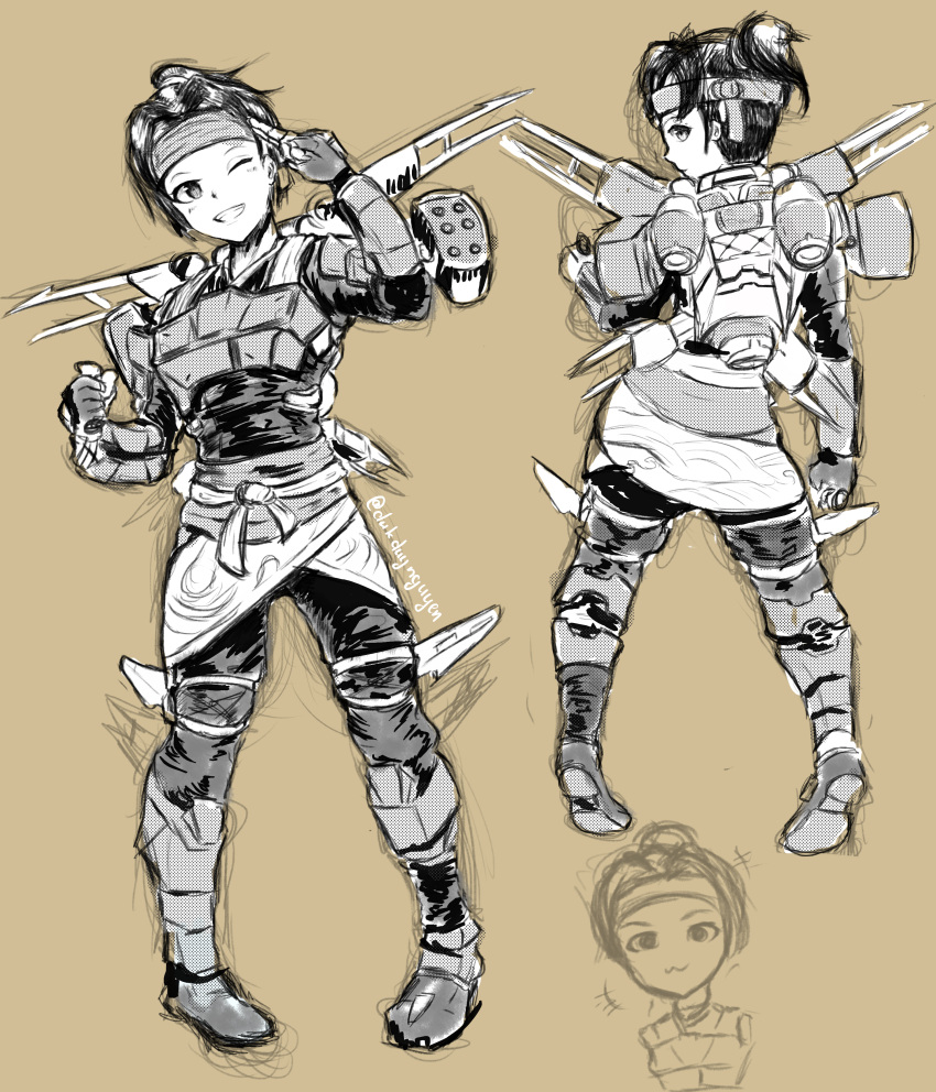 1girl :3 absurdres apex_legends armor bangs brown_background cloud_marauder_valkyrie gloves headband highres jetpack leaning_to_the_side looking_back missile_pod monochrome multiple_views obi one_eye_closed parted_bangs ponytail salute sash sketch smile two-finger_salute uncleduk valkyrie_(apex_legends)