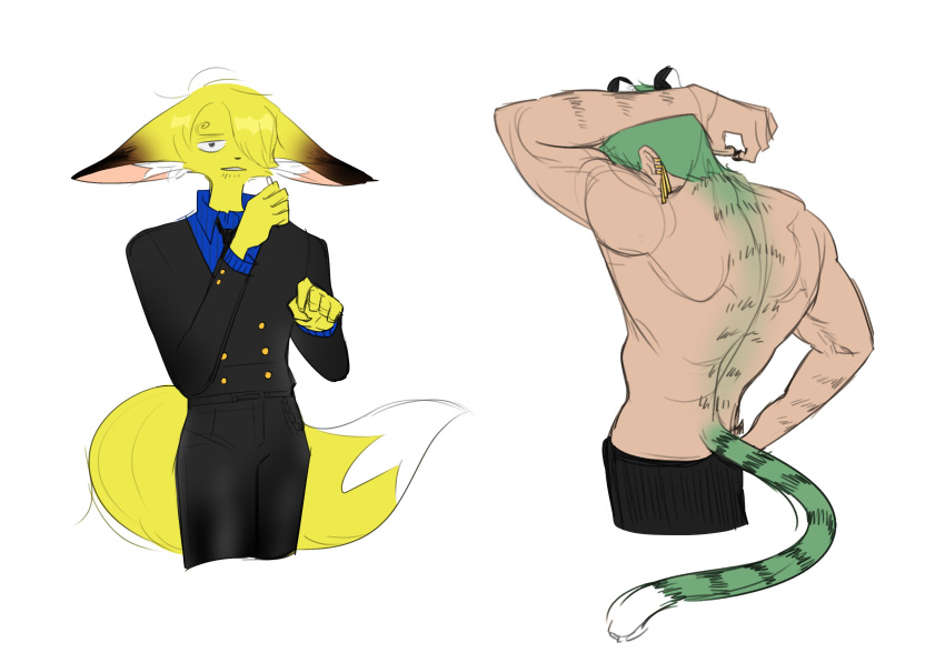 2boys animal_ears back black_pants blonde_hair body_fur cigarette cropped_legs ears_down fox_boy fox_ears fox_tail furrification furry furry_male green_fur green_hair highres kemonomimi_mode large_ears male_focus multiple_boys one_piece pants ppaeng-geul_(zs_jmt) roronoa_zoro sanji tail tiger_boy tiger_ears tiger_tail toned toned_male topless_male