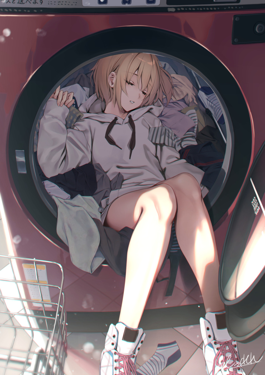 1girl bangs blonde_hair closed_eyes commentary_request feet_out_of_frame highres hood hood_down hoodie indoors knees_together_feet_apart long_sleeves lying on_back original parted_lips rerrere shoes short_hair signature sleeping sleeves_past_wrists solo washing_machine white_footwear white_hoodie