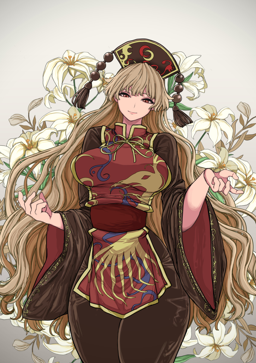 1girl absurdres bangs black_dress black_headwear blonde_hair blush breasts bud chinese_clothes closed_mouth crescent_print dress flower fox_print ghostship55 gold_trim gradient gradient_background hat highres holding holding_flower junko_(touhou) large_breasts leaf light_smile lily_(flower) long_hair long_sleeves looking_at_viewer mature_female necktie phoenix_crown pom_pom_(clothes) red_eyes ribbon sash sidelocks solo standing tabard tassel thick_thighs thighs touhou very_long_hair white_flower wide_hips wide_sleeves yellow_necktie yellow_ribbon
