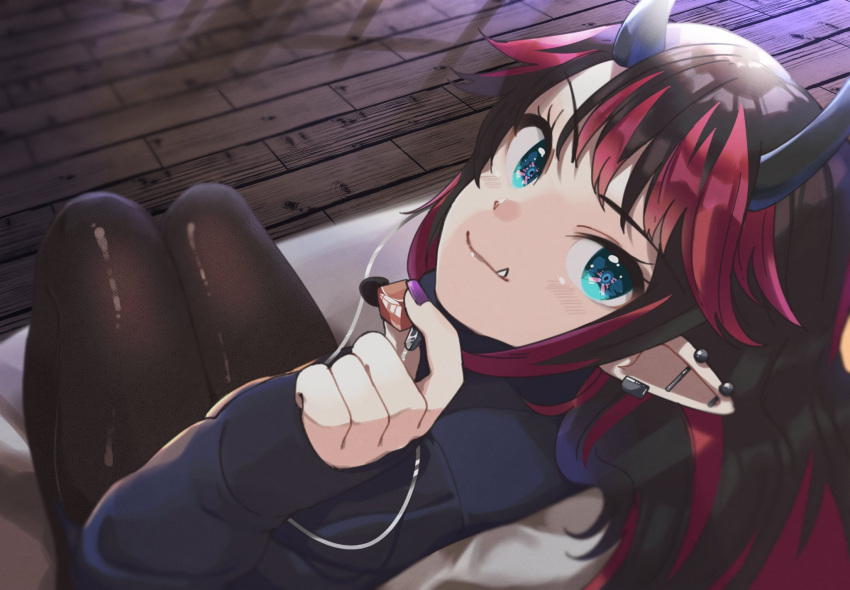 1girl alternate_costume bangs black_hair black_pants black_sweater blue_eyes blush chocolate closed_mouth commentary_request couch demon_girl demon_horns ear_piercing earphones earphones earrings eyebrows_visible_through_hair food full_body highres holding holding_chocolate holding_food horns jewelry long_hair looking_at_viewer looking_back multicolored_hair nail_polish on_couch pants piercing pointy_ears redhead ryugasaki_rene sitting smile solo sugar_lyric sweater two-tone_hair virtual_youtuber wooden_floor zono_(inokura_syuzo029)