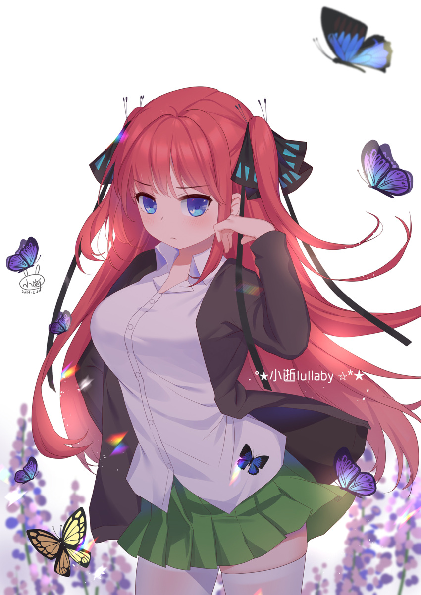 1girl bangs black_cardigan black_ribbon blue_eyes blunt_bangs blush breasts bug butterfly butterfly_hair_ornament cardigan closed_mouth go-toubun_no_hanayome green_skirt hair_ornament hand_on_hip highres hime_cut large_breasts long_hair looking_at_viewer nakano_nino open_cardigan open_clothes pink_hair ribbon school_uniform shirt simple_background skirt thick_thighs thigh-highs thighs twintails v-shaped_eyebrows white_background white_legwear white_shirt xiao_shi_lullaby zettai_ryouiki