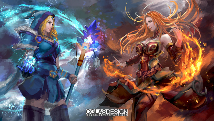 2girls armor blonde_hair blue_cape blue_eyes blue_footwear boots cape cglas closed_mouth crystal_maiden dota_(series) dota_2 dress fire forehead gauntlets holding holding_staff ice lina_inverse_(dota_2) long_hair looking_at_another mage magic multiple_girls orange_eyes orange_hair pauldrons red_dress red_footwear shoulder_armor sleeveless sleeveless_dress staff strapless strapless_dress thigh-highs thigh_boots