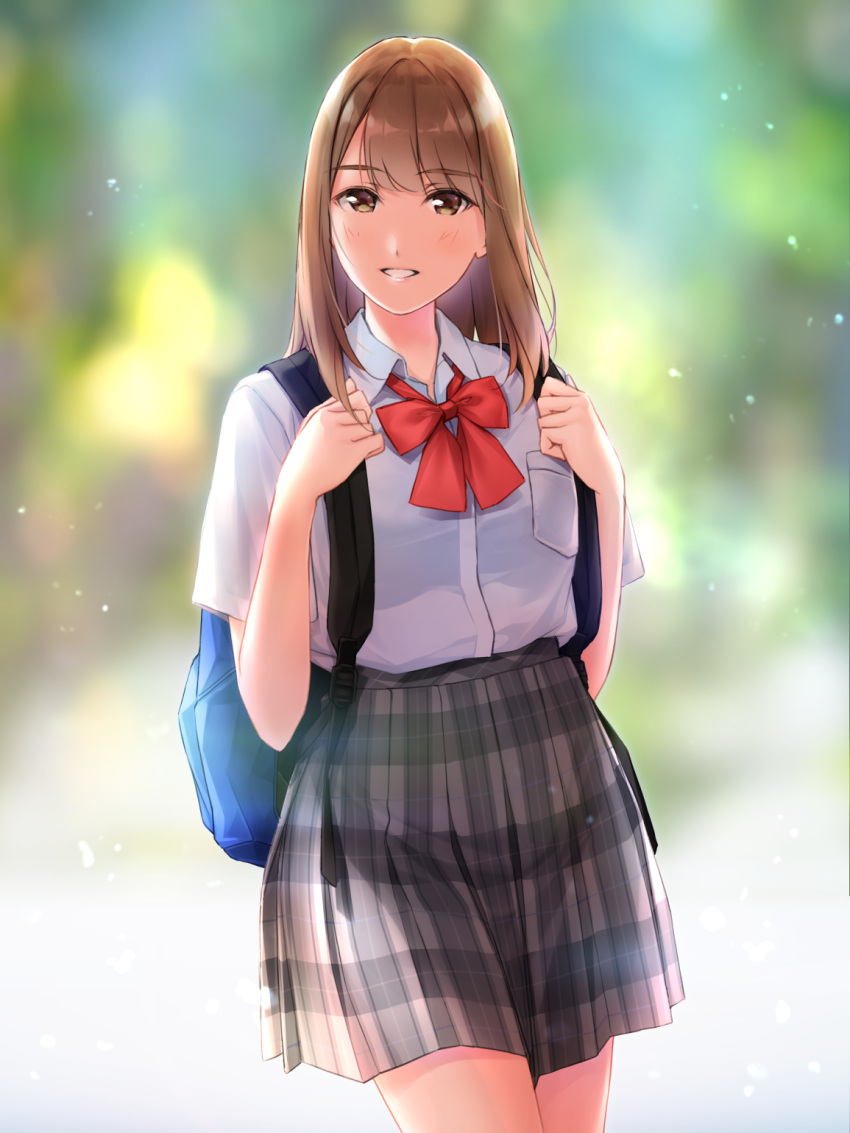 1girl backpack bag blush bow bowtie brown_eyes brown_hair commentary grey_skirt highres long_hair looking_at_viewer nayuta69 original parted_lips red_bow red_bowtie school_bag school_uniform shirt shirt_tucked_in skirt smile solo white_shirt