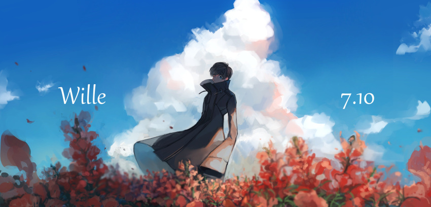 1boy absurdres bangs black_coat black_eyes black_hair blue_eyes blue_sky blurry blurry_foreground character_name clouds coat dated day eyebrows_visible_through_hair fatalbug896 field floating_clothes flower flower_field full_body gradient_eyes high_collar highres long_sleeves looking_at_viewer male_focus multicolored_eyes original outdoors petals red_flower short_hair sky sleeves_past_fingers sleeves_past_wrists solo standing turtleneck wide_shot wille_(fatalbug896)