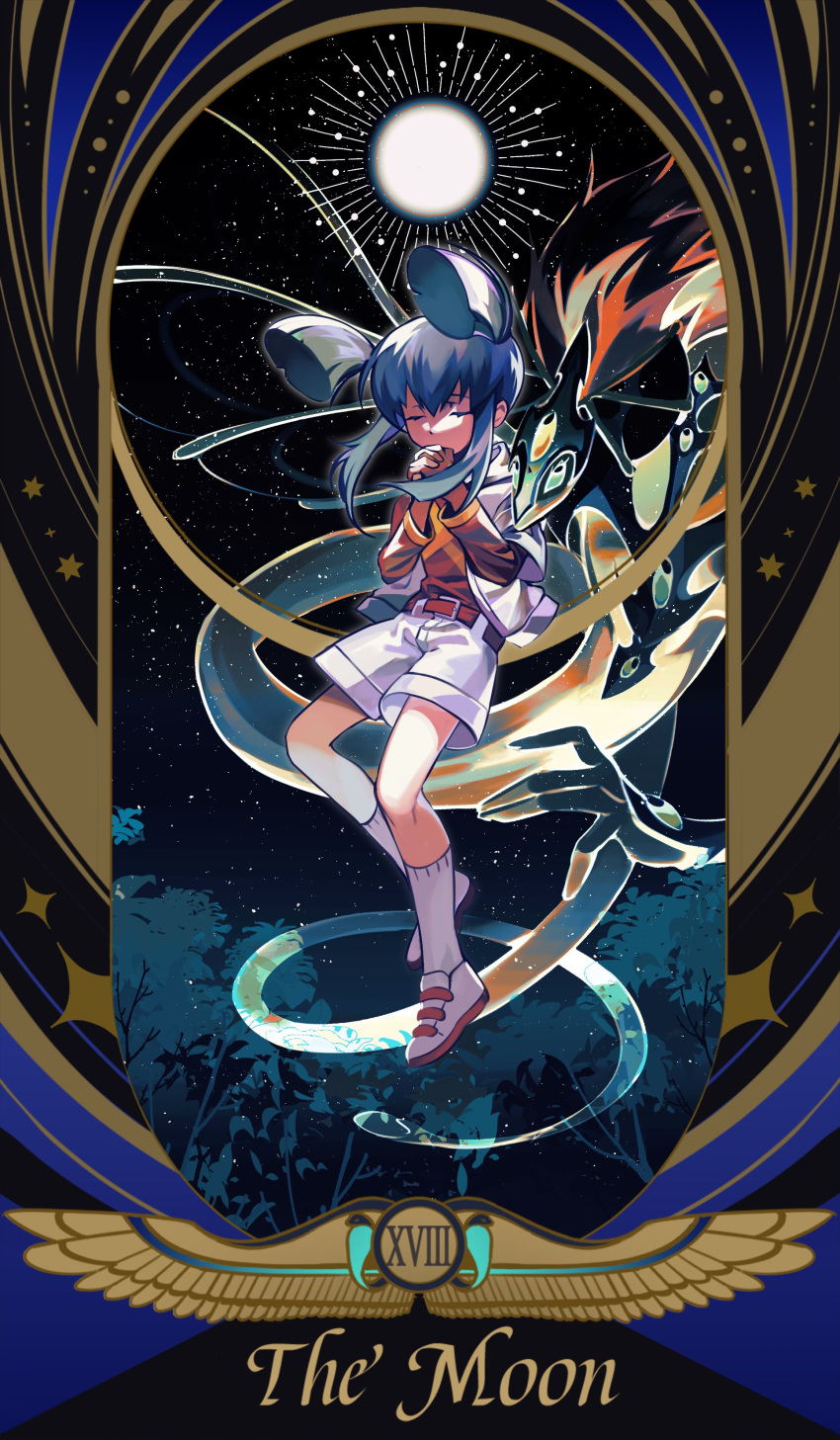 1girl absurdres ancient_fairy_dragon border dragon duel_monster english_text full_body full_moon highres interlocked_fingers luca_(yu-gi-oh!) moon own_hands_clasped own_hands_together palms_together praying roman_numeral shoes short_hair shorts sky sneakers socks solo_focus ssbaby star_(sky) starry_sky tarot the_moon_(tarot) white_shorts yu-gi-oh! yu-gi-oh!_5d's