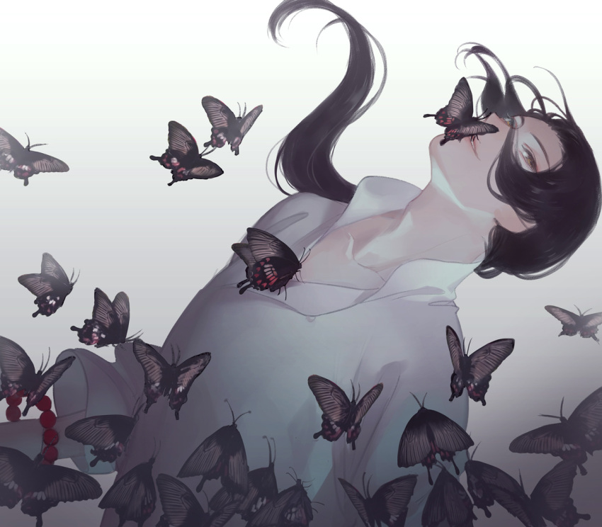 1boy adam's_apple animal animal_on_chest axis_powers_hetalia bead_bracelet beads black_butterfly black_hair bracelet brown_eyes bug butterfly butterfly_on_face changpao china_(hetalia) chinese_clothes collarbone flock hair_pulled_back half-closed_eyes jewelry kanmuri_(hanyifan30338) leaning_back long_hair long_sleeves looking_at_viewer male_focus parted_lips partially_unbuttoned ponytail sidelocks simple_background solo toggles white_background