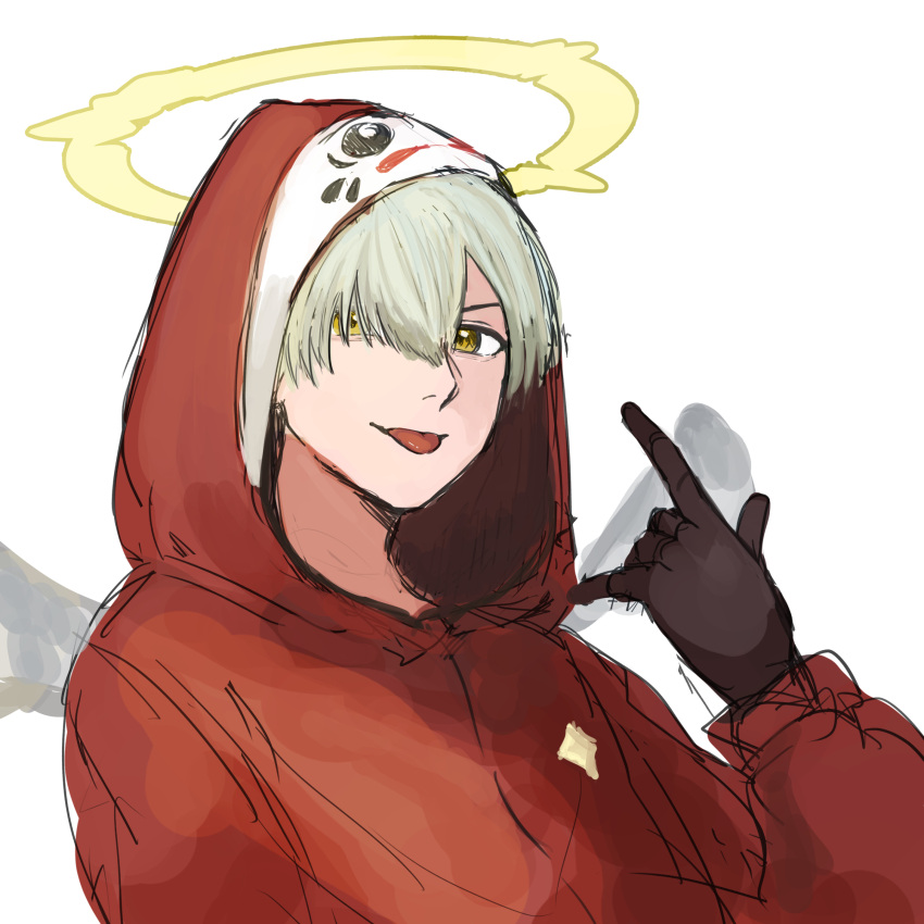 1boy \m/ absurdres arisyooon black_gloves crazy_raccoon daruma_is_god eyebrows_behind_hair gloves grey_hair halo highres hood hoodie male_focus red_hoodie solo tongue tongue_out v-shaped_eyebrows white_background yellow_eyes