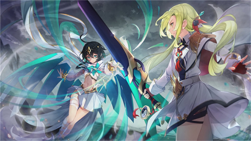 2girls artist_request bangs benghuai_xueyuan character_request clouds cloudy_sky coat fingerless_gloves gloves green_eyes green_hair grey_sky hair_between_eyes hair_ornament highres holding holding_sword holding_weapon honkai_(series) honkai_impact_3rd long_hair long_sleeves looking_at_another medium_hair multiple_girls navel official_art outdoors red_gloves scarf see-through_sleeves shirt skirt sky sword twintails weapon wendy_(honkai_impact) white_coat white_scarf white_shirt white_skirt wind wings