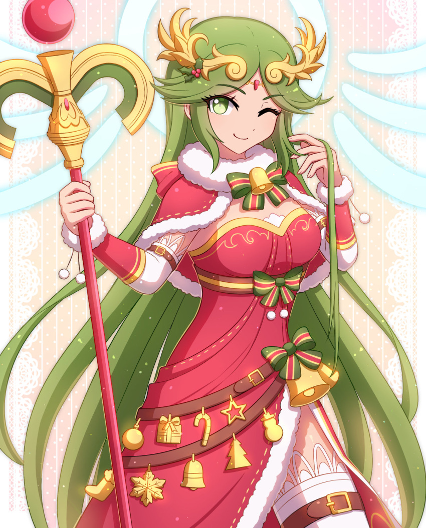 1girl adapted_costume belt breasts christmas cute enni forehead_jewel goddess green_eyes green_hair highres kid_icarus large_breasts laurel_crown legs long_legs multiple_belts nintendo palutena single_thighhigh solo staff thigh-highs thighs tiara