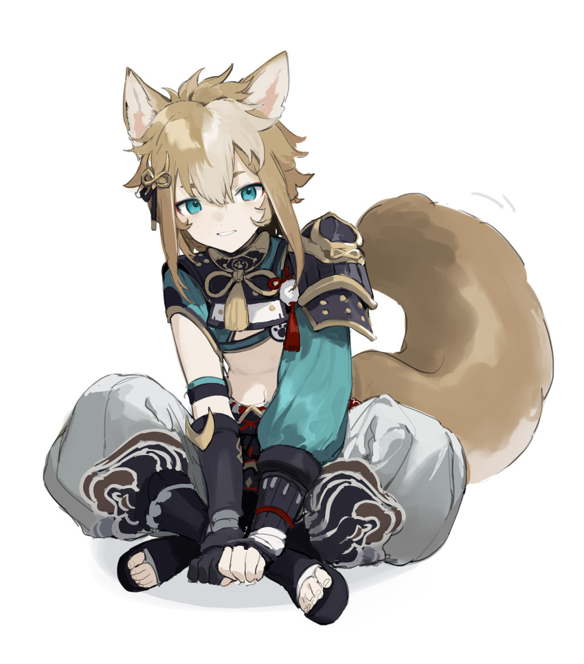 1boy animal_ears armor asymmetrical_gloves bangs blue_eyes brown_hair crossed_legs dog_boy dog_ears dog_tail fingerless_gloves full_body genshin_impact gloves gorou_(genshin_impact) hair_between_eyes hair_ornament highres japanese_armor japanese_clothes looking_at_viewer male_focus multicolored_hair partially_fingerless_gloves sh_(562835932) simple_background sitting solo tail tassel toeless_footwear white_background white_hair