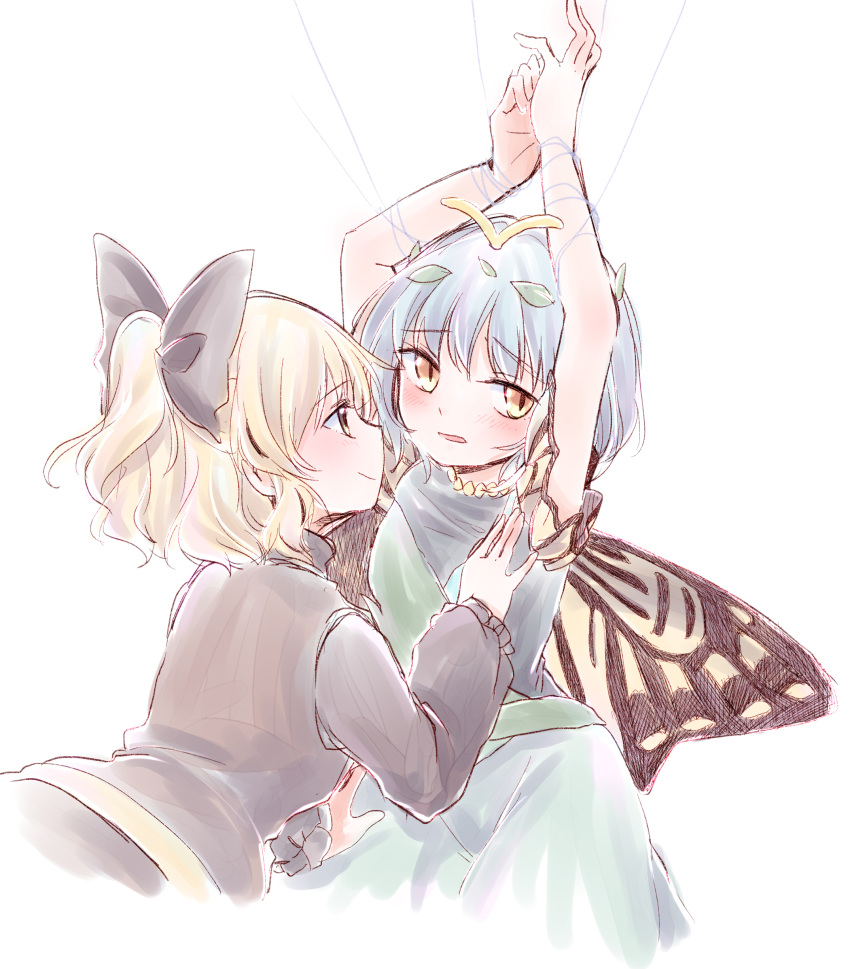 2girls absurdres antennae aqua_hair black_bow blonde_hair blush bow brown_dress butterfly_wings closed_mouth dress eternity_larva eyebrows_visible_through_hair fairy green_dress hair_bow highres kurodani_yamame kuromame_(8gou) leaf leaf_on_head long_sleeves multicolored_clothes multicolored_dress multiple_girls open_mouth short_hair simple_background single_strap smile touhou white_background wings yellow_eyes
