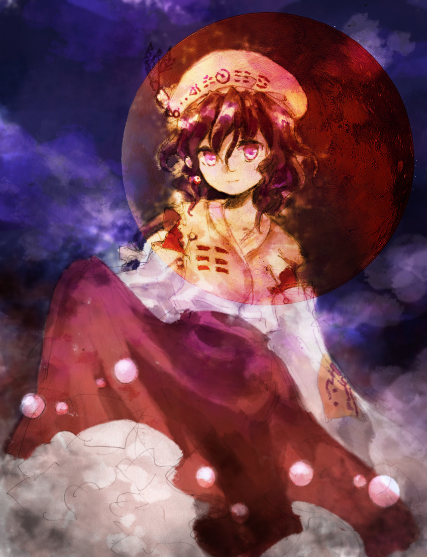 1girl bangs black_hair character_request detached_sleeves frilled_skirt frills full_moon hakama hakama_skirt highres holding holding_clothes holding_skirt japanese_clothes kaigen_1025 kimono miko moon portrait_of_exotic_girls red_skirt short_hair skirt touhou upper_body violet_eyes wavy_hair white_headwear white_kimono