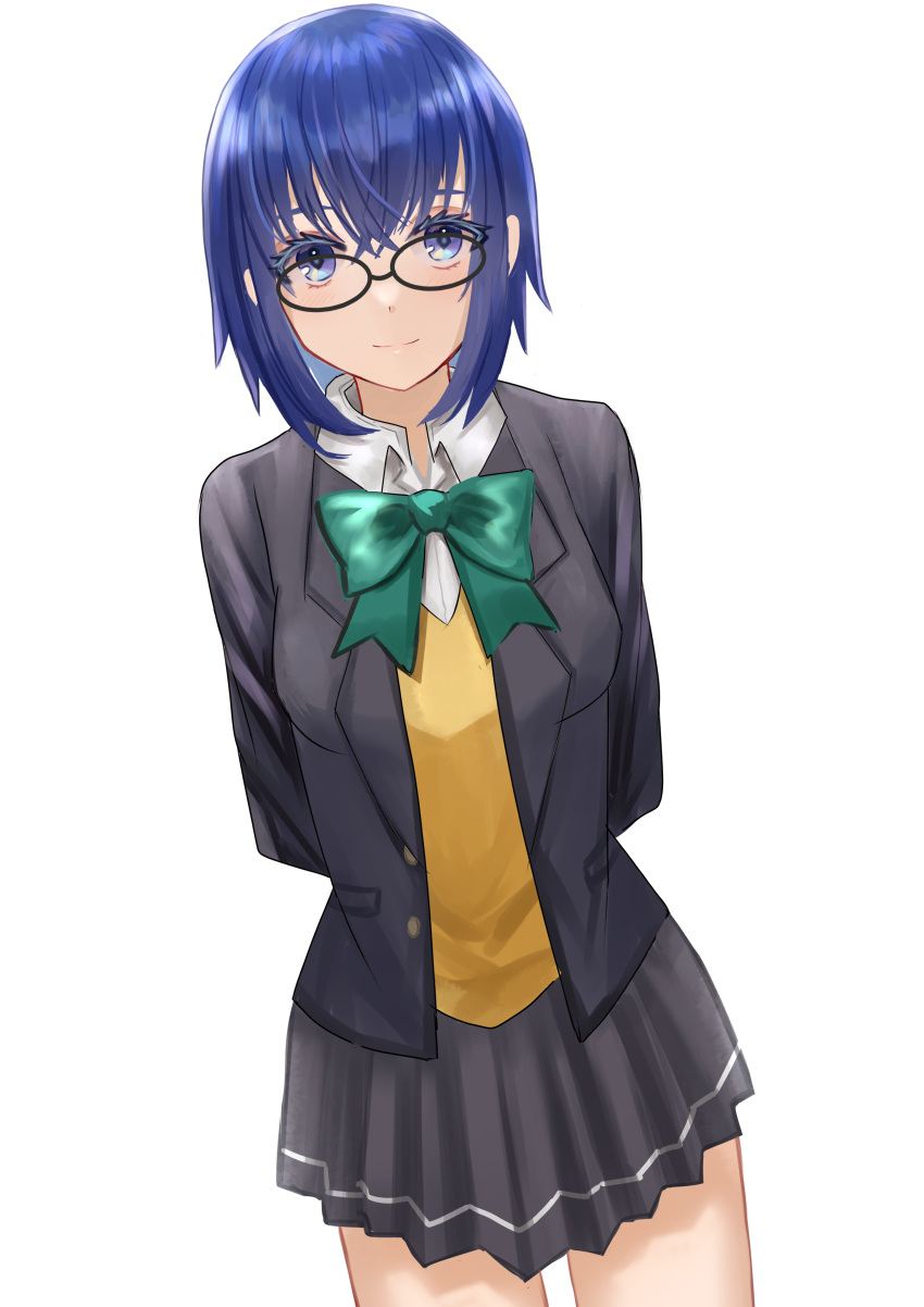 1girl absurdres arms_behind_back bangs black-framed_eyewear black_jacket blue_eyes blue_hair blush bow bowtie ciel_(tsukihime) closed_mouth collared_shirt commentary_request glasses green_bow grey_skirt hair_between_eyes highres jacket long_sleeves looking_at_viewer miniskirt okurasato open_clothes open_jacket pleated_skirt school_uniform shirt short_hair simple_background skirt smile solo tsukihime tsukihime_(remake) uniform vest white_background white_shirt yellow_vest