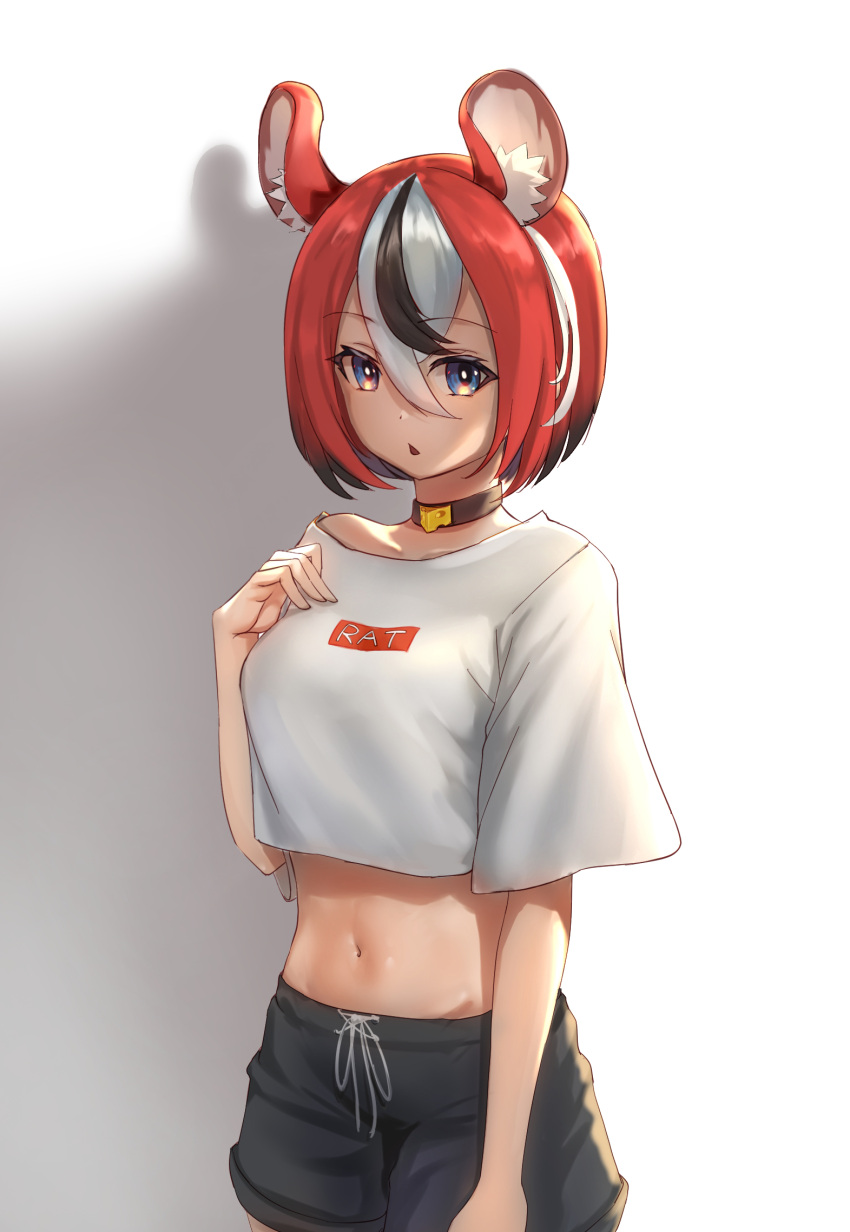 1girl :&lt; animal_ear_fluff animal_ears arm_at_side bangs black_choker black_hair black_shorts blue_eyes bob_cut breasts choker commentary cowboy_shot crop_top crop_top_overhang drawstring edchi english_commentary hair_between_eyes hakos_baelz hand_on_own_chest highres hololive hololive_english looking_at_viewer medium_breasts midriff mouse_ears mouse_girl multicolored_hair navel off_shoulder parted_lips redhead shadow short_hair shorts single_bare_shoulder solo virtual_youtuber white_background white_hair