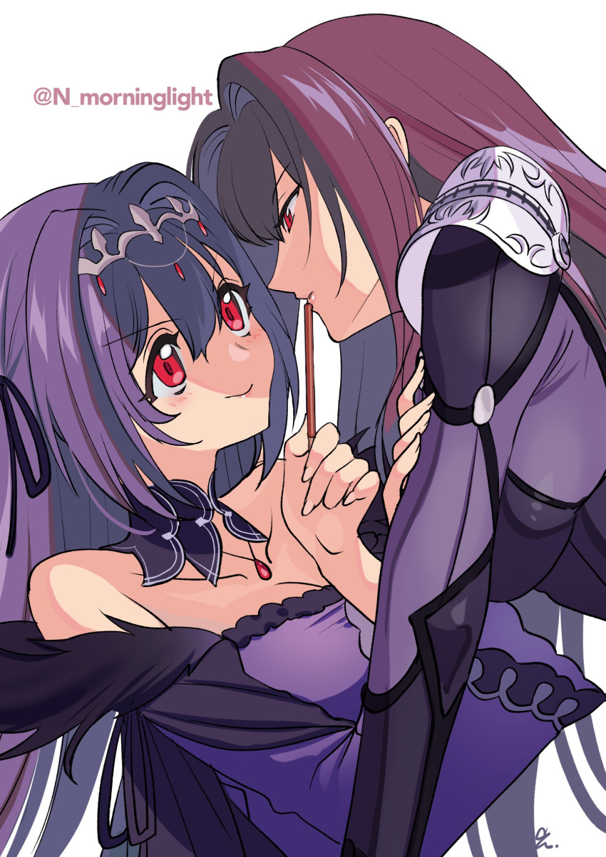 2girls asakou_(n_morninglight) bangs bodysuit breasts commentary_request dress eyebrows_visible_through_hair fate/grand_order fate_(series) feather_trim gae_bolg hair_between_eyes jewelry kagachi_saku large_breasts long_hair long_sleeves looking_at_viewer multiple_girls parted_lips pauldrons pendant pocky pocky_day polearm purple_bodysuit purple_dress purple_hair red_eyes scathach_(fate)_(all) scathach_(fate/grand_order) scathach_skadi_(fate/grand_order) smile spear tiara very_long_hair wide_sleeves