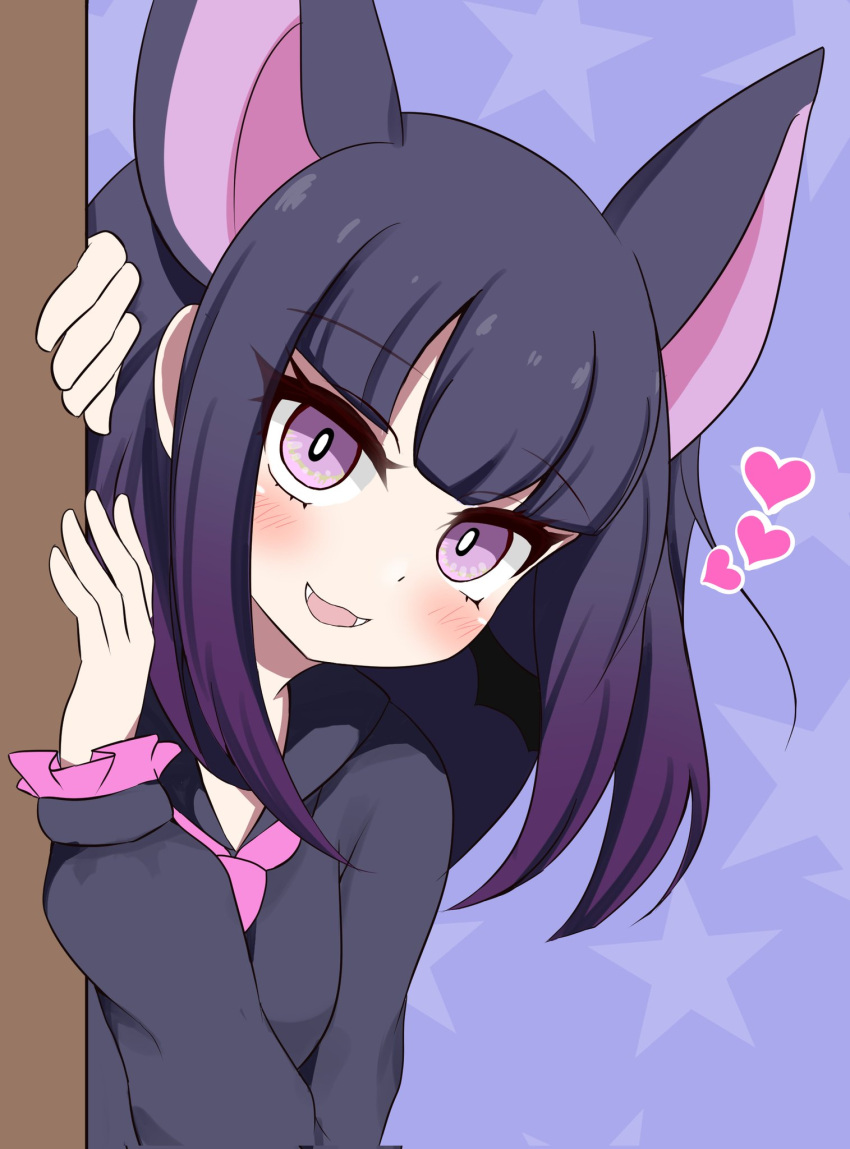 1girl :d animal_ears bangs bat_ears bat_wings black_hair blush common_vampire_bat_(kemono_friends) eyebrows_visible_through_hair fangs frilled_sleeves frills gradient_hair heart hiding highres kemono_friends long_sleeves looking_at_viewer multicolored_hair open_mouth pink_sleeves purple_hair shimosami short_hair simple_background skirt smile solo stalking two-tone_hair violet_eyes wings