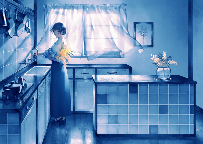 1girl absurdres bouquet braid cabinet commentary_request cooking_pot curtains expressionless faucet flower french_braid full_body hair_bun highres holding holding_bouquet holding_vase indoors kanai_(nai_nai) kitchen long_skirt looking_at_viewer original painting_(object) shirt sink skirt solo tiles vase white_shirt window