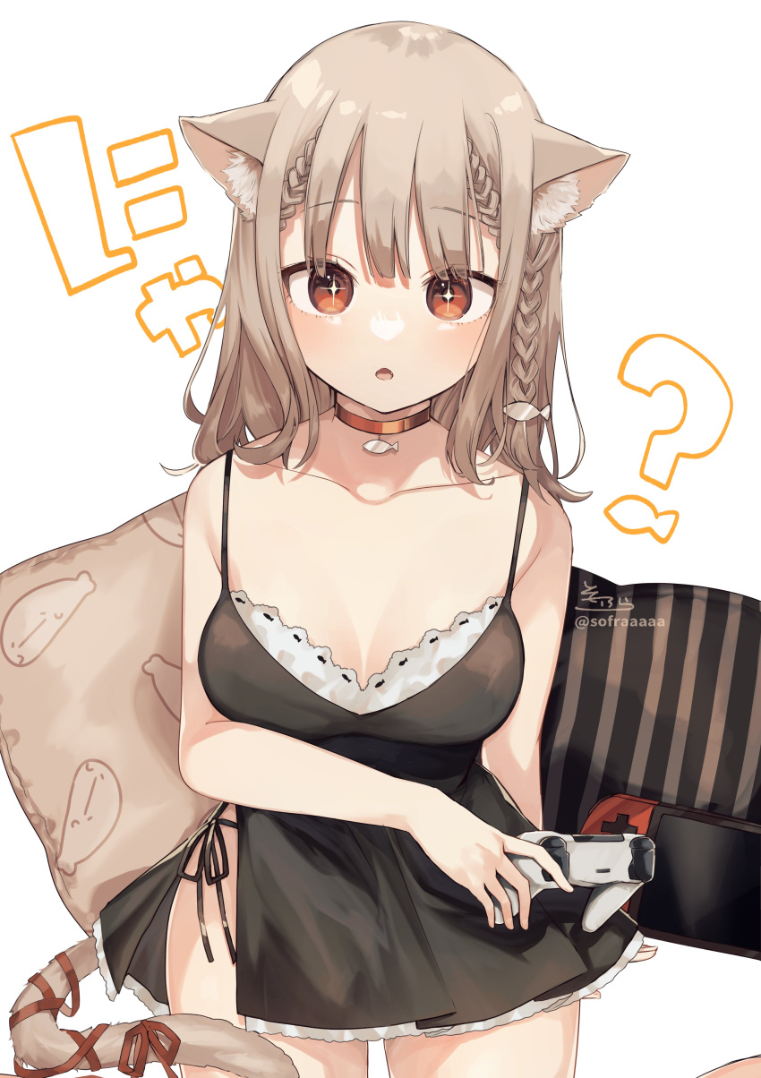 +_+ 1girl absurdres animal_ear_fluff animal_ears bangs bare_arms bare_shoulders black_dress braid braided_bangs breasts brown_eyes brown_hair cat_ears cat_girl cat_tail choker collarbone commentary_request controller dress eyebrows_visible_through_hair fish_hair_ornament game_controller hair_ornament highres holding looking_at_viewer medium_breasts nintendo_switch original pillow red_choker red_ribbon ribbon signature simple_background sleeveless sleeveless_dress sofra solo tail tail_ornament tail_ribbon translation_request twitter_username white_background