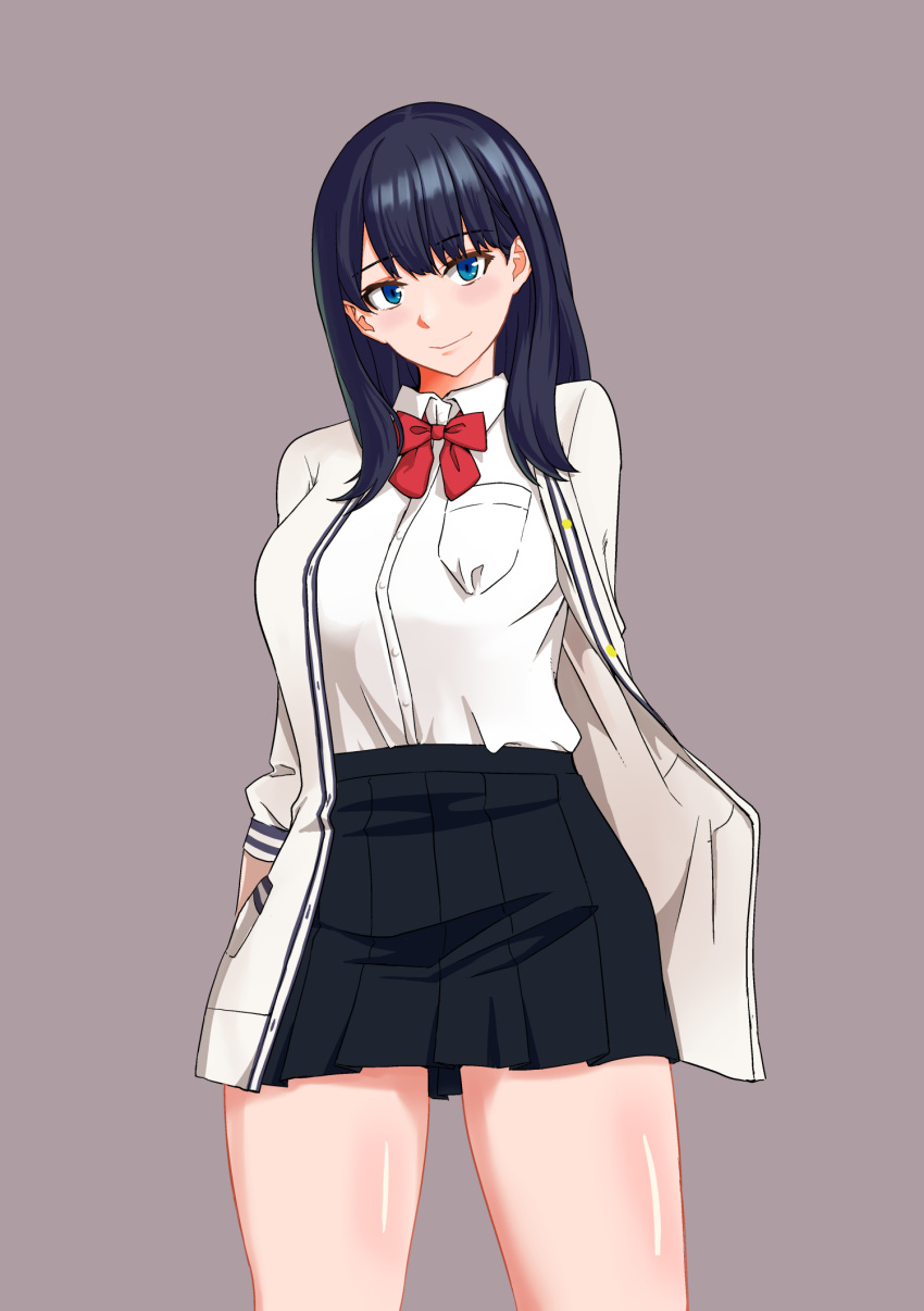 1girl bangs black_hair black_skirt blue_eyes blush bow bowtie cardigan closed_mouth commentary_request eyebrows_visible_through_hair long_hair long_sleeves looking_at_viewer open_cardigan open_clothes pleated_skirt red_legwear red_neckwear revision school_uniform shirt simple_background sitting skirt socks solo ssss.gridman takarada_rikka thighs tohitoshi tsurime white_background white_cardigan white_shirt