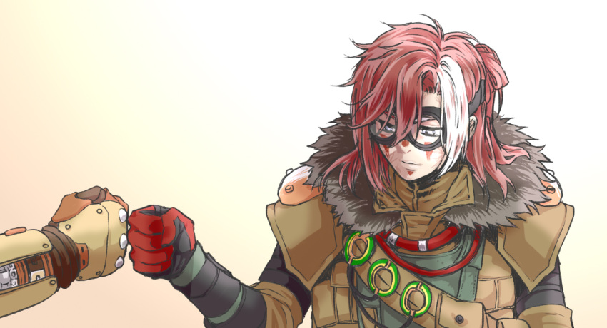 1boy 1other androgynous apex_legends bloodhound_(apex_legends) brown_jacket cable fist_bump fur_trim fuse_(apex_legends) gloves goggles grey_eyes hair_behind_ear jacket looking_down mechanical_arms medium_hair meteolance red_gloves redhead single_mechanical_arm white_hair
