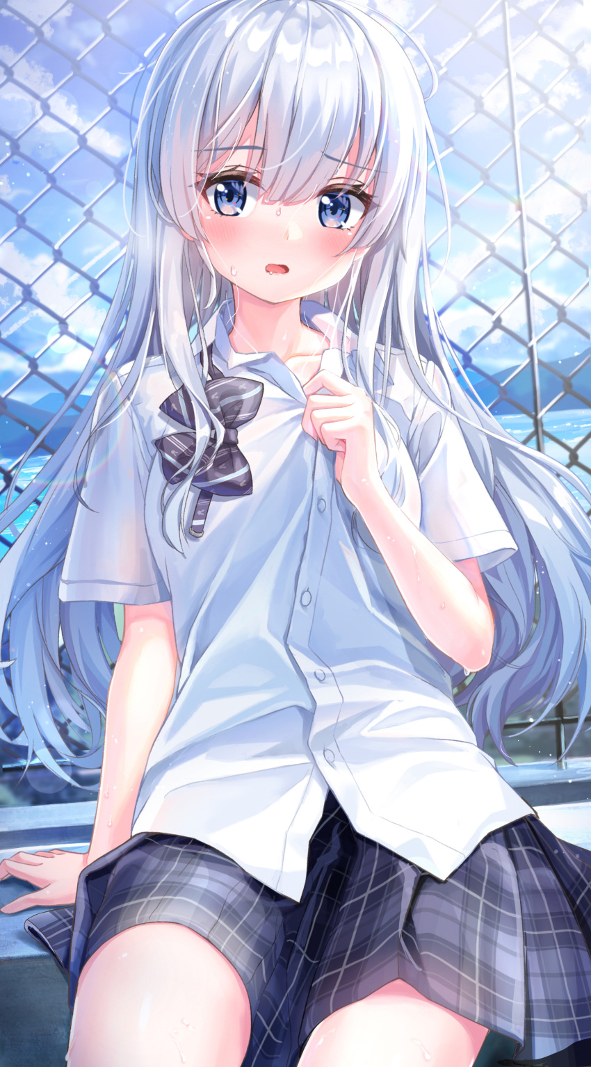 1girl blue_eyes blush bowtie dripping fence hot lake looking_at_another looking_at_viewer mountain original scenery school_uniform short_shorts shorts sitting sunlight sweat sweating_profusely uniform white_hair