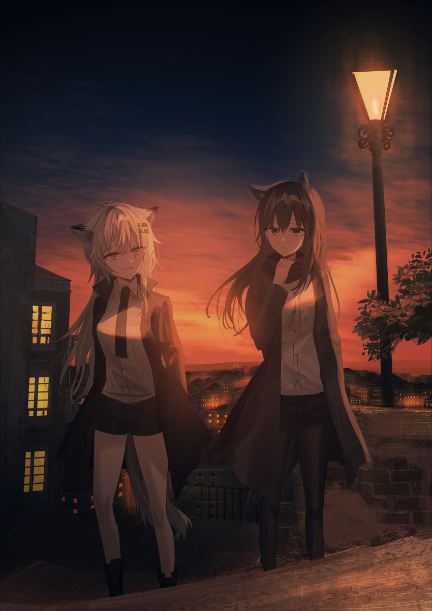 2girls :d absurdres animal_ear_fluff animal_ears arknights bangs black_footwear black_hair black_jacket black_legwear black_neckwear black_shorts blue_eyes boots breasts brick_wall building chihuri closed_mouth clouds cloudy_sky collared_shirt commentary_request dress_shirt eyebrows_visible_through_hair hair_between_eyes hair_ornament hairclip hand_up highres jacket lamppost lappland_(arknights) legwear_under_shorts multiple_girls open_clothes open_jacket outdoors railing red_eyes scar scar_across_eye shirt short_shorts shorts sky small_breasts smile standing sunset tail texas_(arknights) white_hair white_shirt window