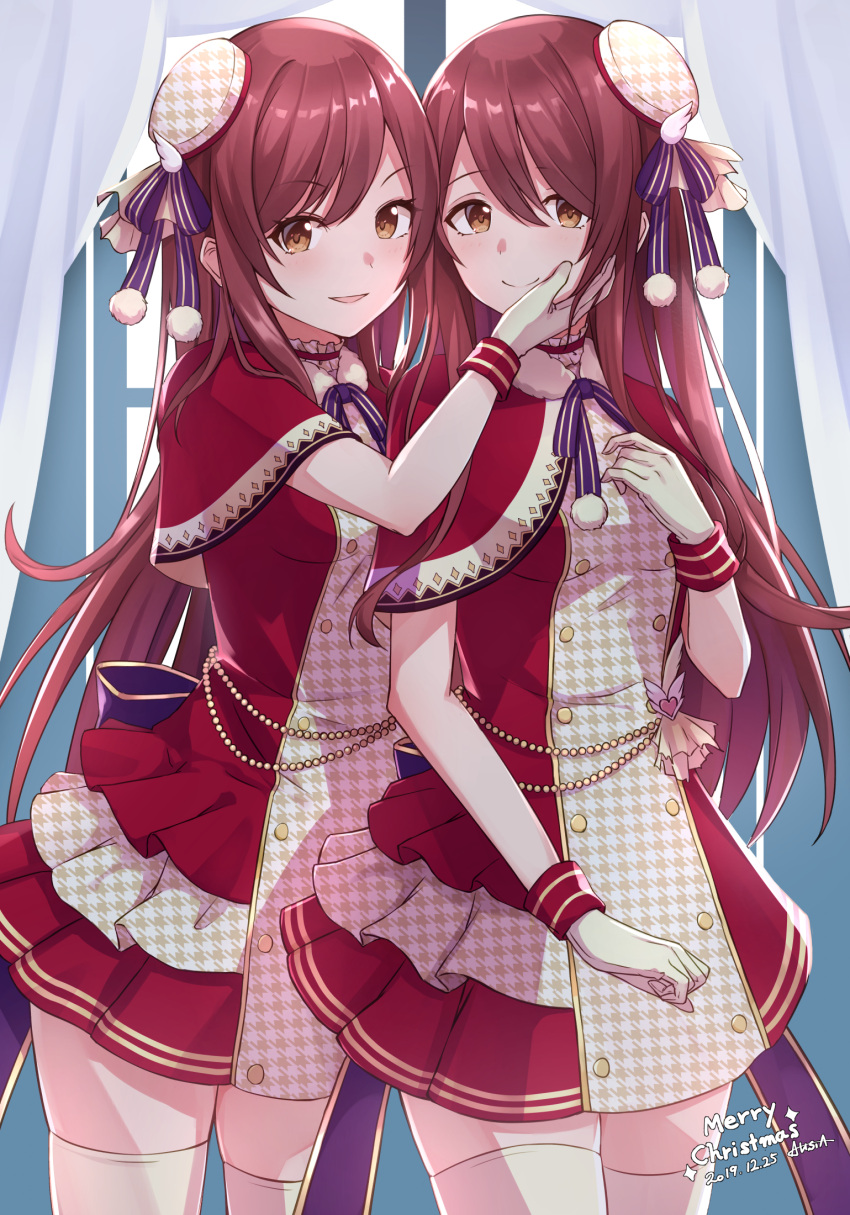 2girls :d alisia bangs beret blush bow brown_eyes brown_hair capelet christmas closed_mouth commentary_request dress eyebrows_visible_through_hair gloves hair_between_eyes hat houndstooth hug idolmaster idolmaster_shiny_colors long_hair multiple_girls oosaki_amana oosaki_tenka open_mouth plaid plaid_bow print_headwear red_capelet red_dress siblings sisters sitting smile snowflakes thigh-highs tilted_headwear very_long_hair white_gloves white_legwear