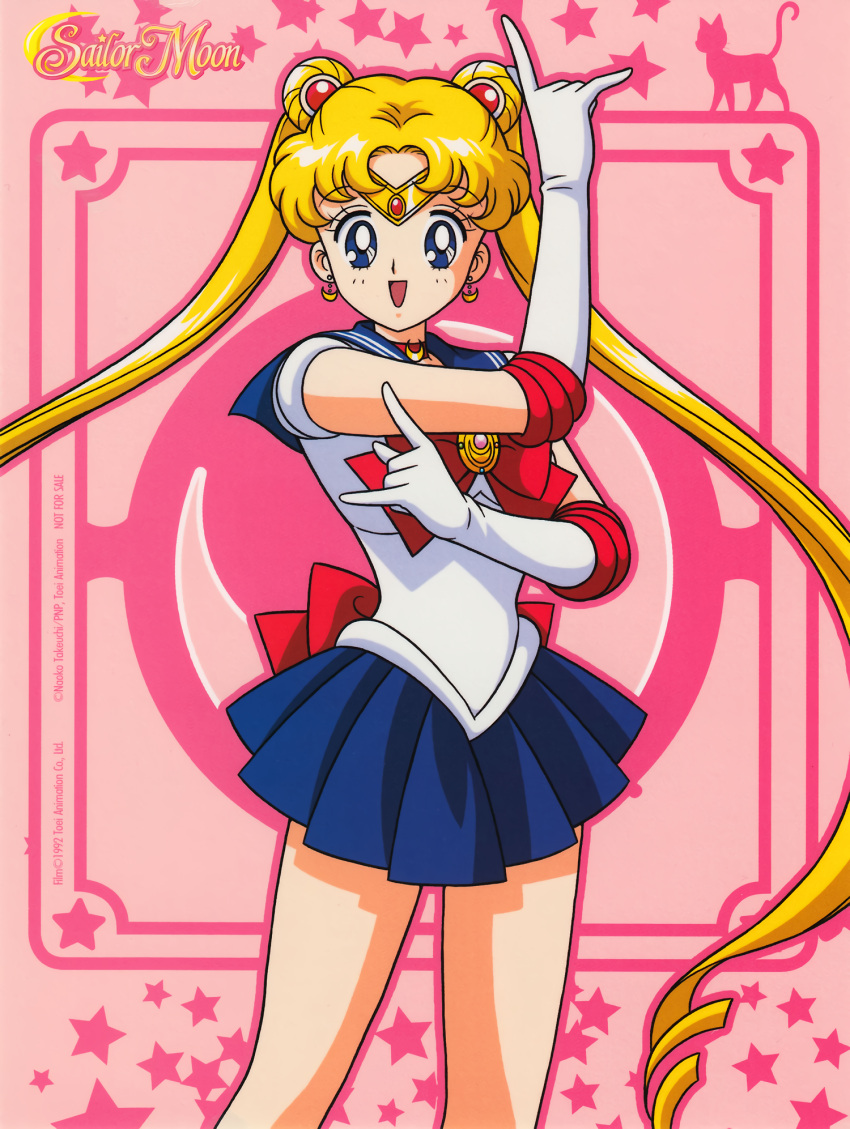 1990s_(style) 1girl back_bow bishoujo_senshi_sailor_moon blonde_hair blue_eyes blue_skirt bow copyright copyright_name crescent crescent_earrings double_bun earrings elbow_gloves gloves highres jewelry leotard long_hair looking_at_viewer miniskirt not_for_sale official_art open_mouth pink_background pleated_skirt retro_artstyle sailor_moon sailor_senshi skirt solo tiara tsukino_usagi twintails very_long_hair