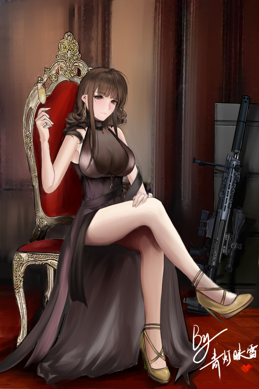 1girl ahoge alternate_costume alternate_hairstyle armlet ass bangs bare_shoulders black_dress blunt_bangs blush breasts brown_hair chair champagne_flute chinese_commentary closed_mouth collarbone commentary_request crossed_legs cup curly_hair dress drinking_glass dsr-50_(girls'_frontline) dsr-50_(weapon) earrings evening_gown eyebrows_visible_through_hair girls_frontline gold_footwear gun hand_on_own_thigh heart high_heels highres holding holding_cup indoors jewelry large_breasts leaning_forward letter light_particles long_hair looking_at_viewer petals red_eyes revision rifle ruby_(gemstone) see-through sidelocks sitting skindentation smile solo thighs very_long_hair weapon yakumo_yukarii